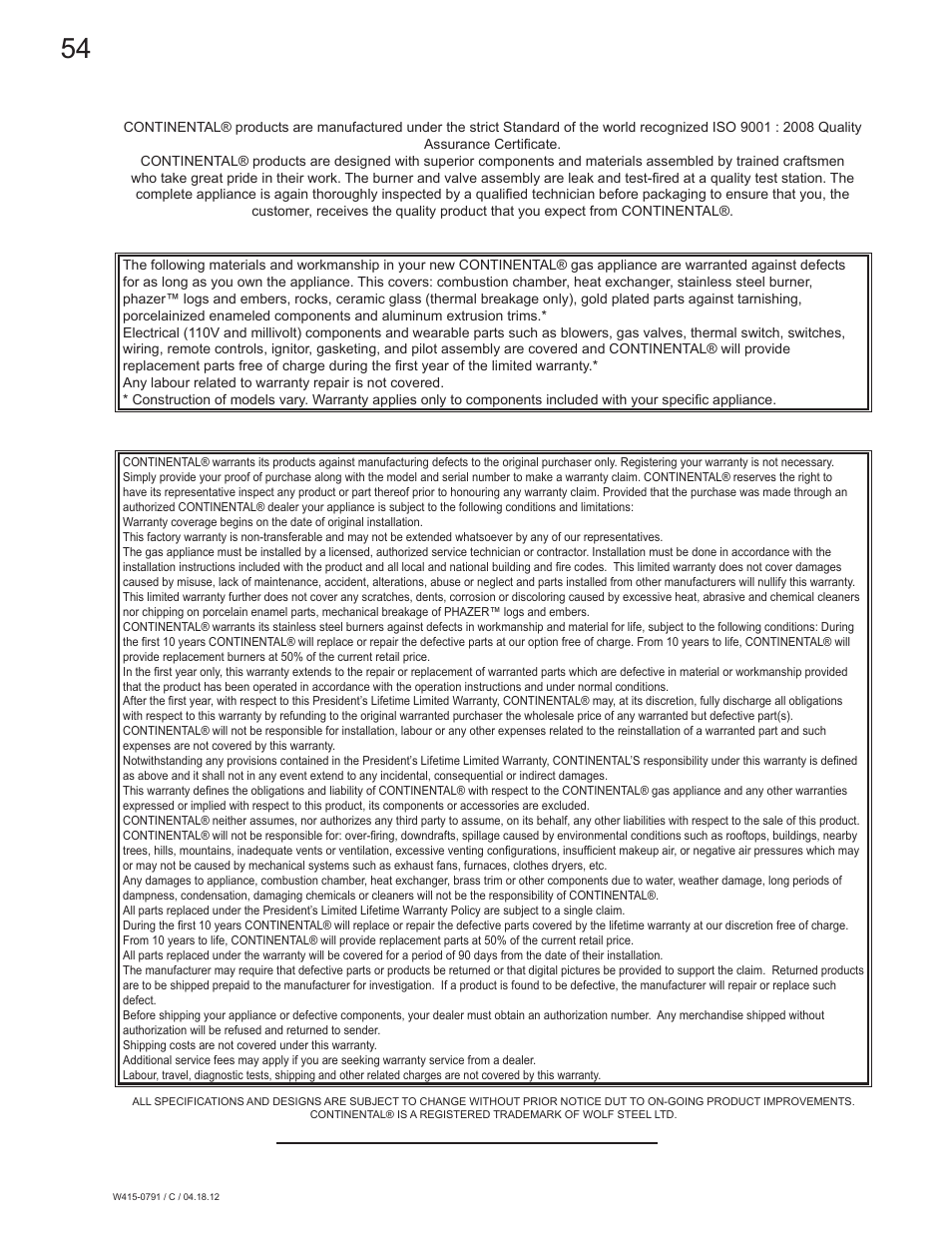 0 warranty | Continental Fireplaces CDVS600 User Manual | Page 54 / 56