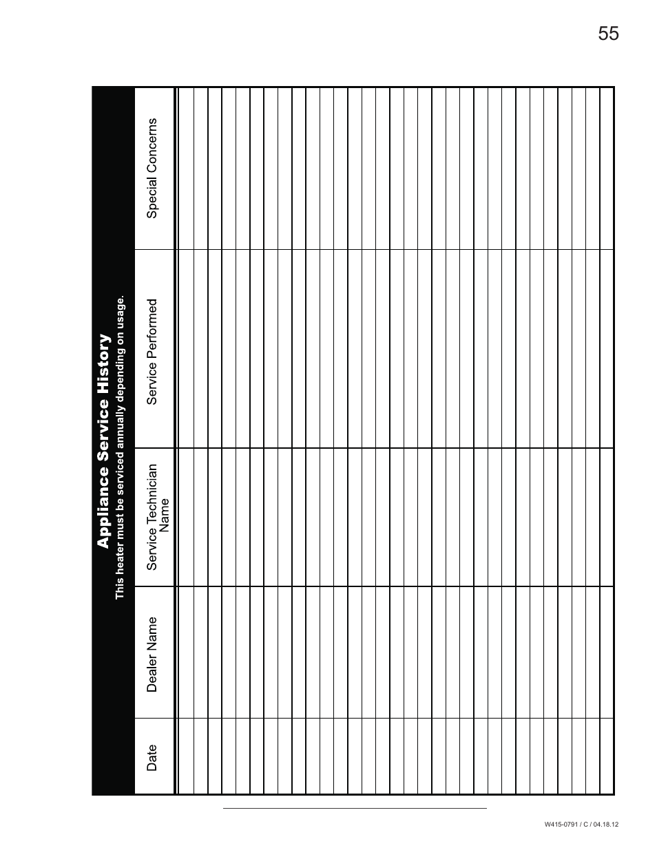 0 service history | Continental Fireplaces CDVS600 User Manual | Page 55 / 56