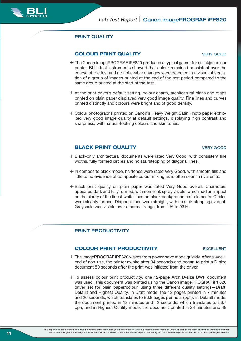 Lab test report | Canon Wide-Format Colour Inkjet Printer iPF820 User Manual | Page 11 / 18