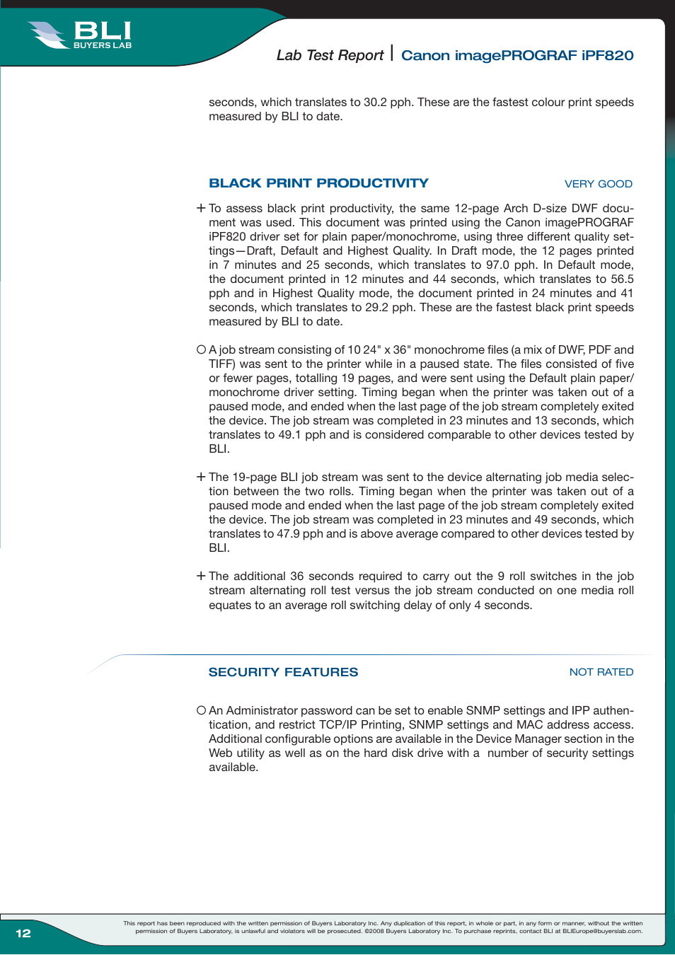 Lab test report | Canon Wide-Format Colour Inkjet Printer iPF820 User Manual | Page 12 / 18