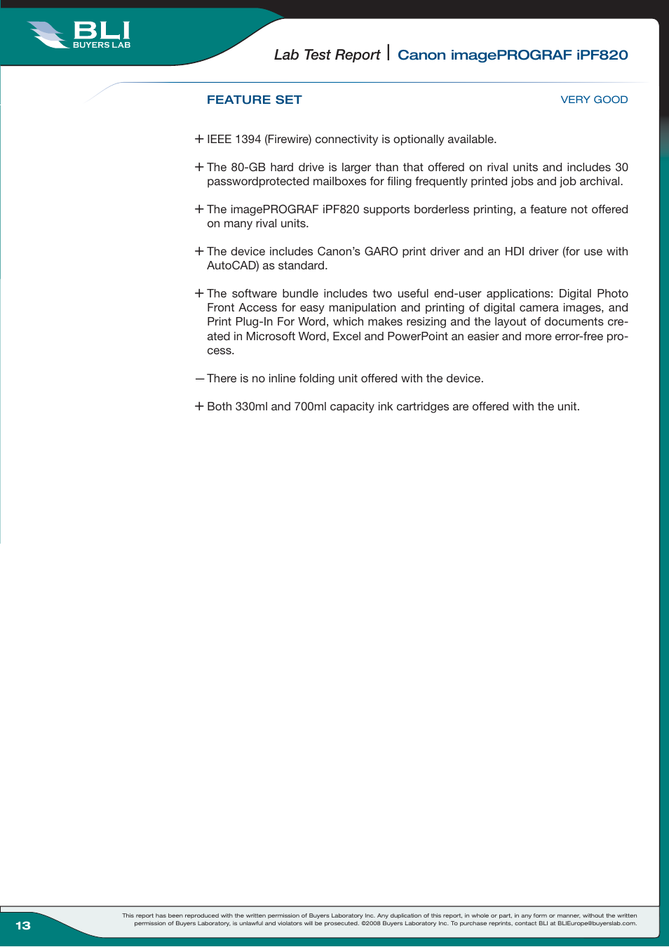 Lab test report | Canon Wide-Format Colour Inkjet Printer iPF820 User Manual | Page 13 / 18