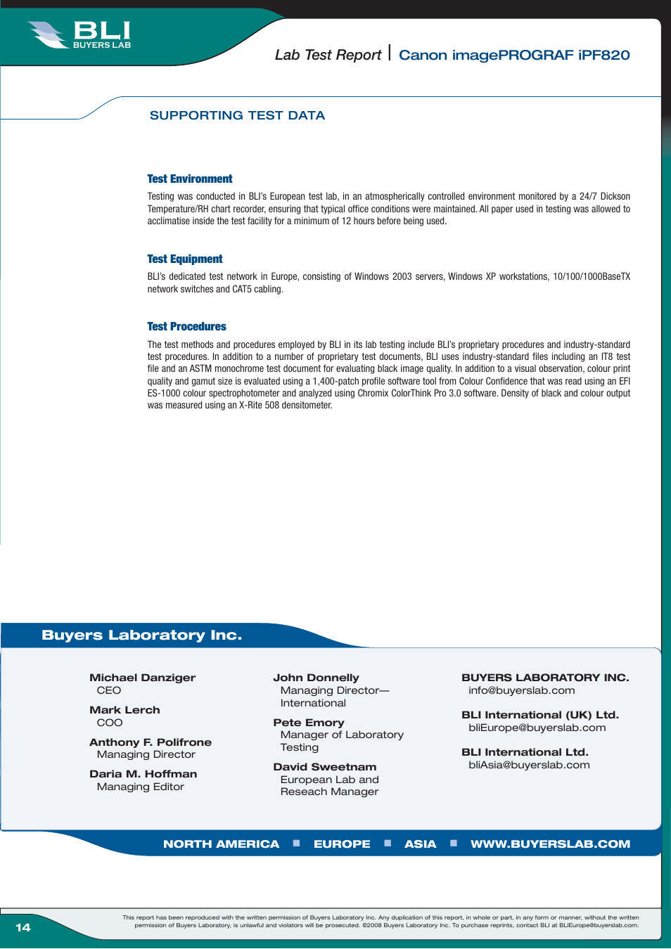 Lab test report, Canon imageprograf ipf820, Buyers laboratory inc | Canon Wide-Format Colour Inkjet Printer iPF820 User Manual | Page 14 / 18