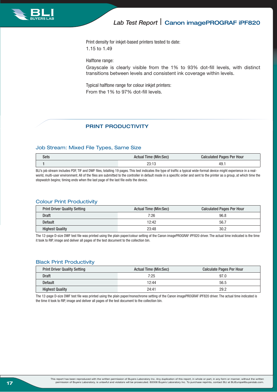 Lab test report, Canon imageprograf ipf820 | Canon Wide-Format Colour Inkjet Printer iPF820 User Manual | Page 17 / 18