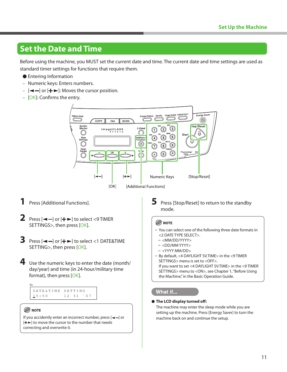 Set the date and time | Canon ImageCLASS MF4270 User Manual | Page 13 / 36
