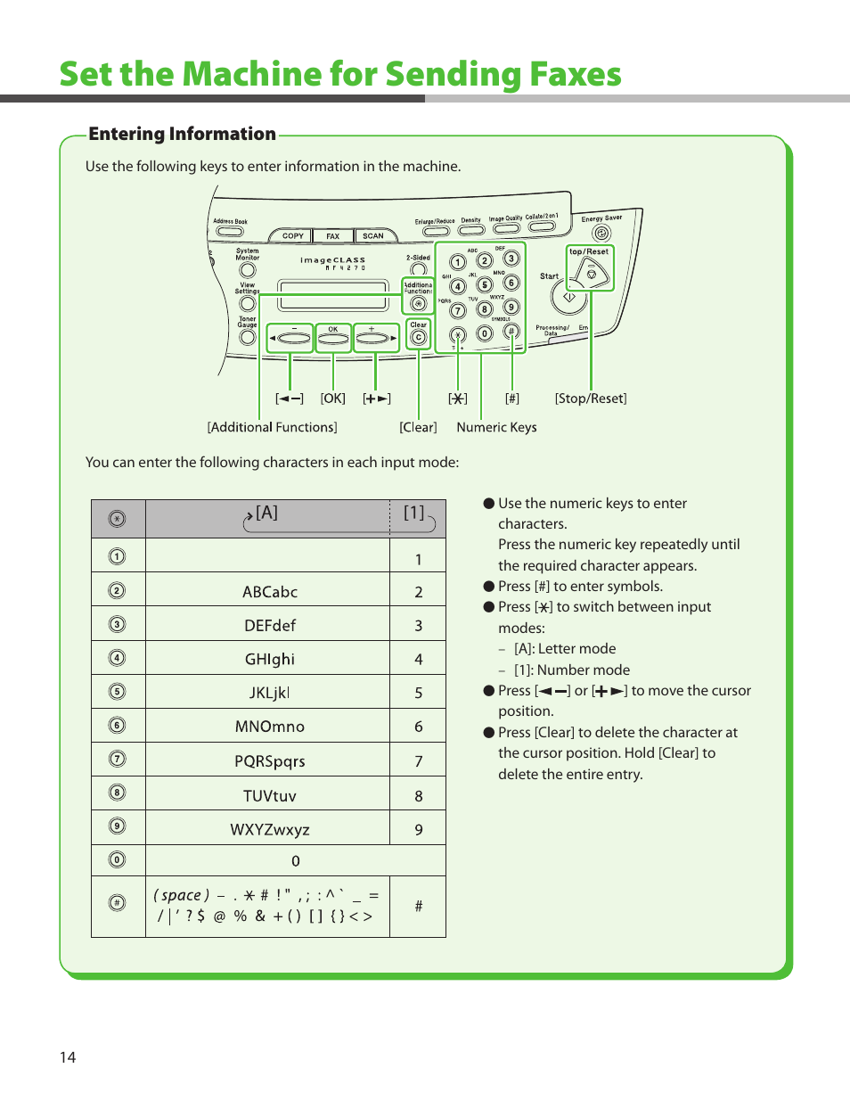 Set the machine for sending faxes, Entering information | Canon ImageCLASS MF4270 User Manual | Page 16 / 36