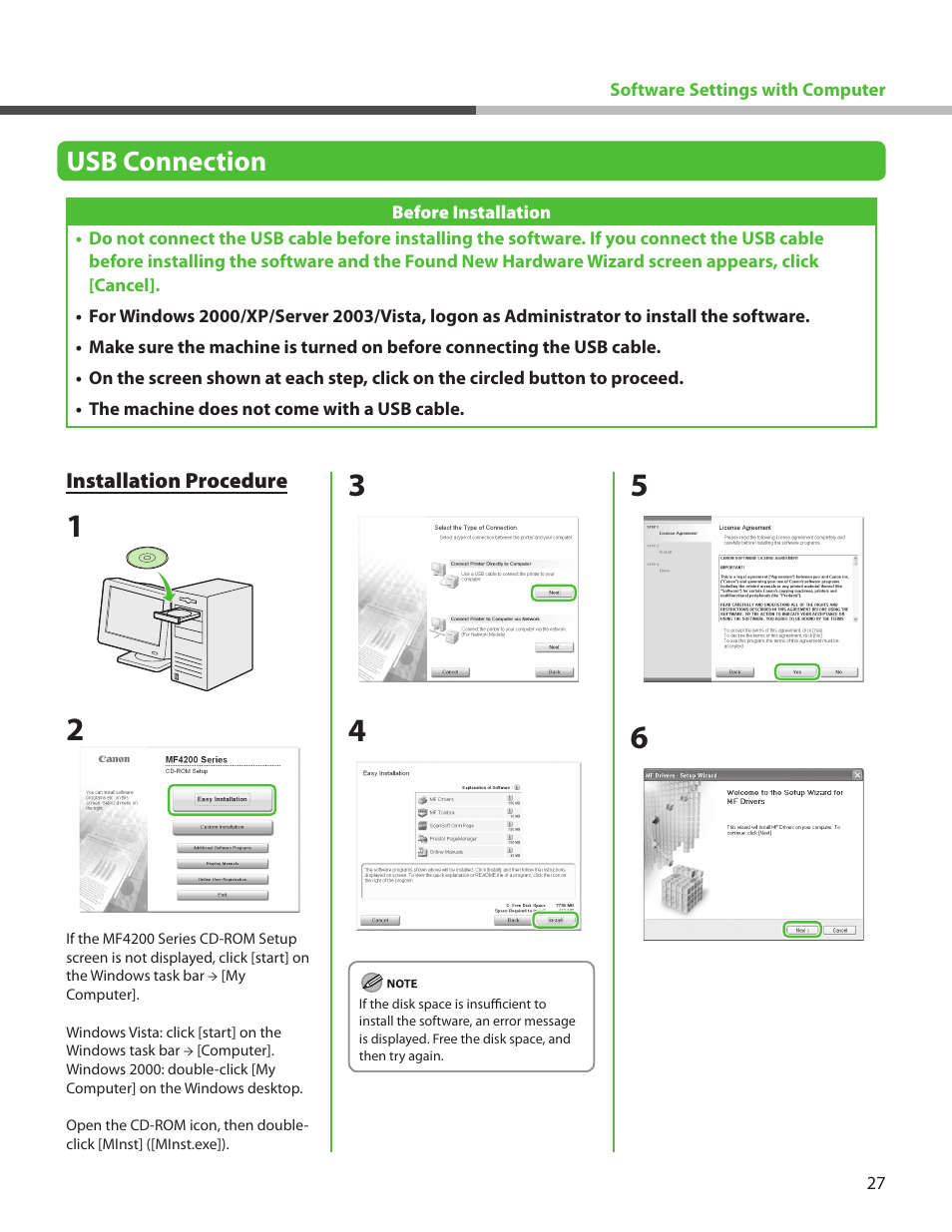 Usb connection, Installation procedure, See “usb connection,” on p. 27 | Canon ImageCLASS MF4270 User Manual | Page 29 / 36