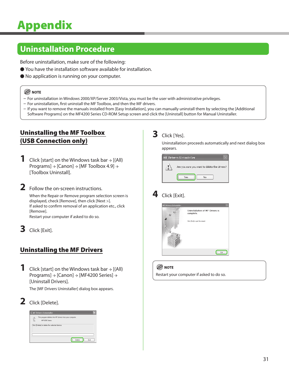 Appendix, Uninstallation procedure, Uninstalling the mf toolbox (usb connection only) | Uninstalling the mf drivers | Canon ImageCLASS MF4270 User Manual | Page 33 / 36
