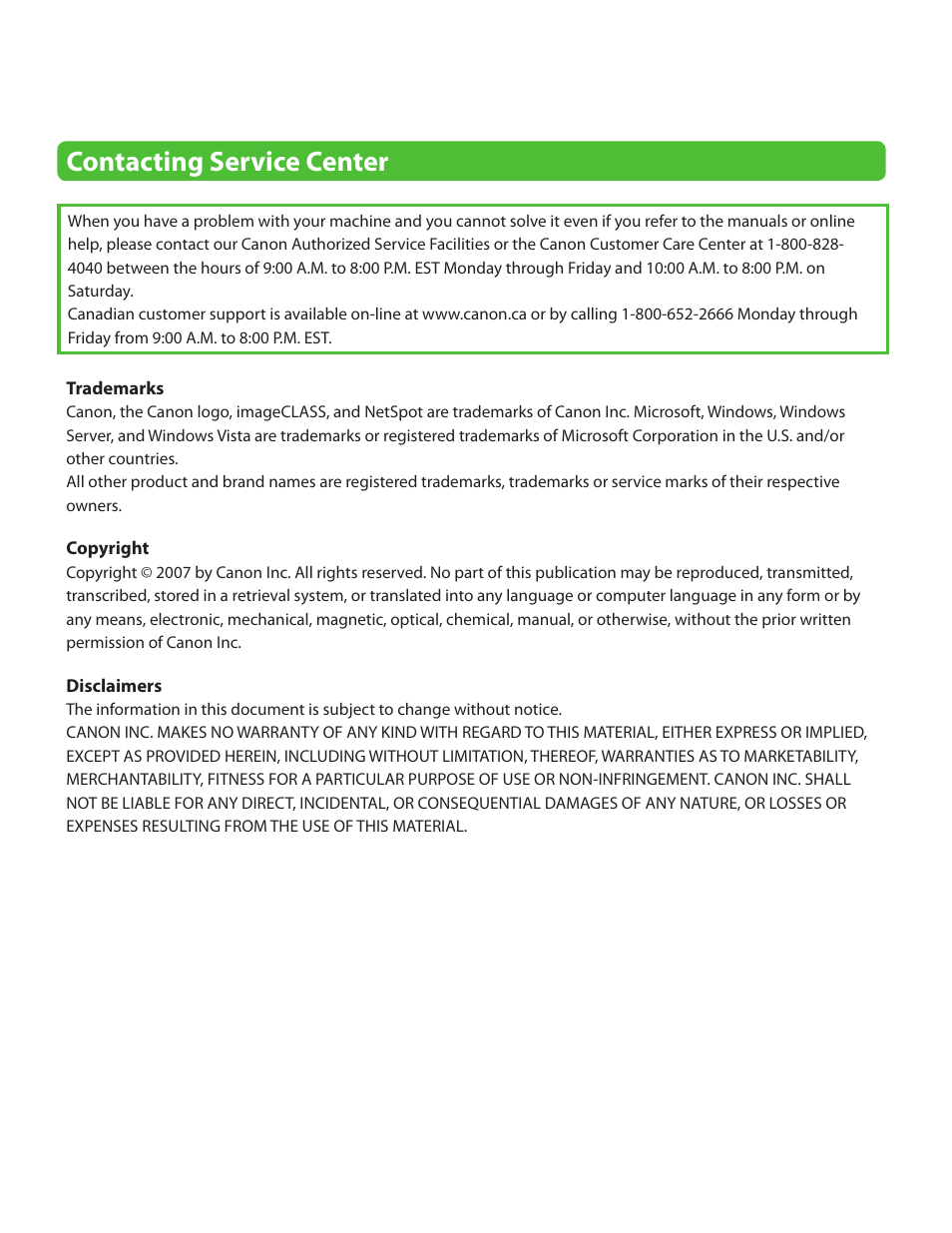 Contacting service center | Canon ImageCLASS MF4270 User Manual | Page 35 / 36