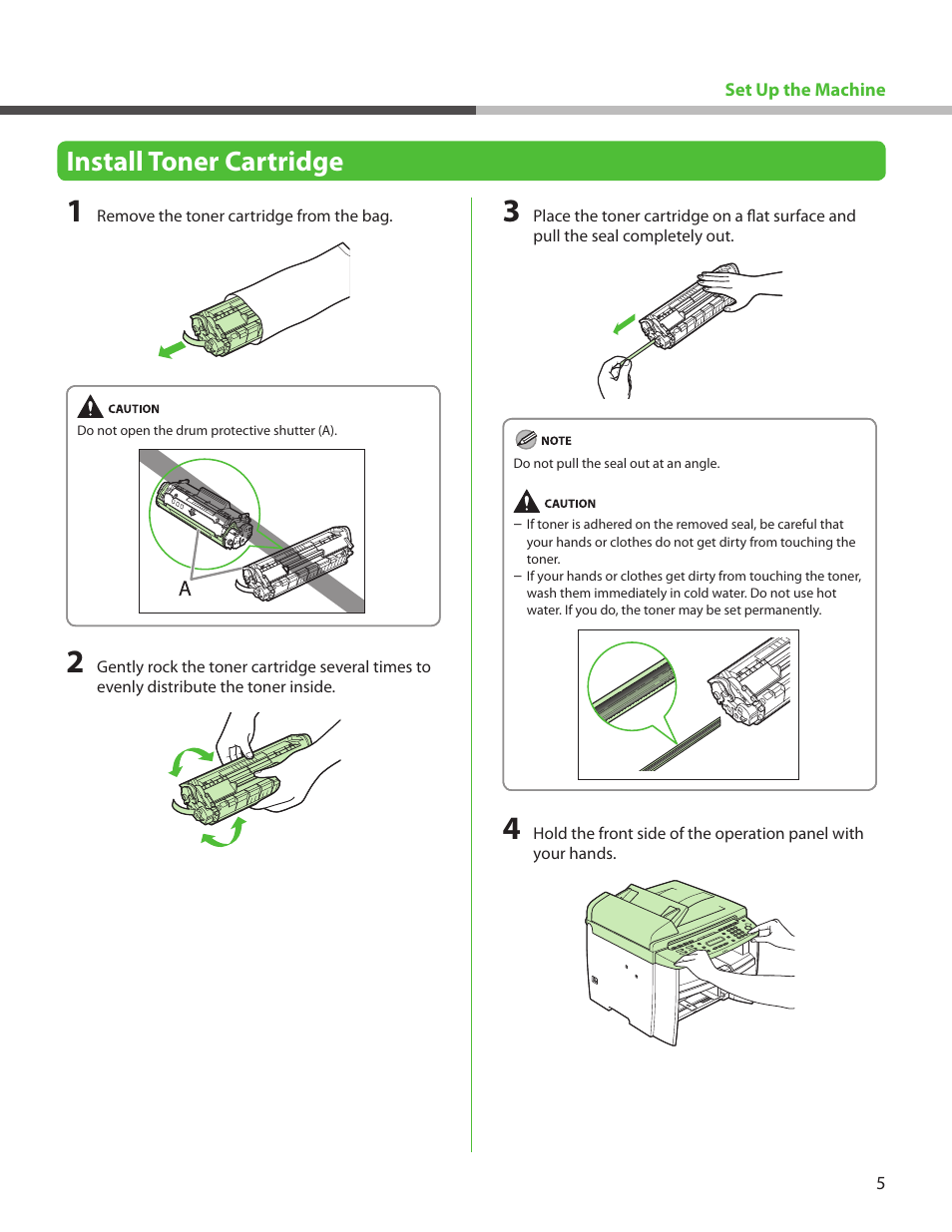 Install toner cartridge | Canon ImageCLASS MF4270 User Manual | Page 7 / 36