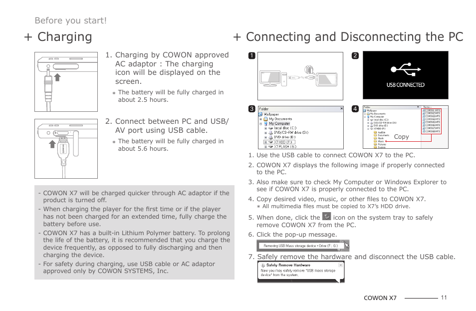 Charging + connecting and disconnecting the pc | COWON X7 User Manual | Page 11 / 44