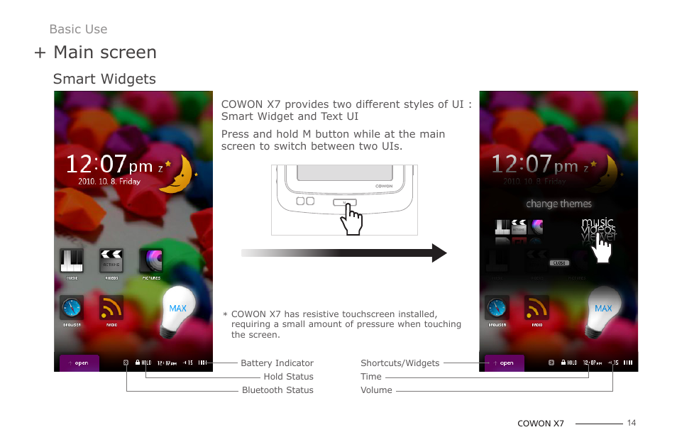 Main screen, Smart widgets | COWON X7 User Manual | Page 14 / 44