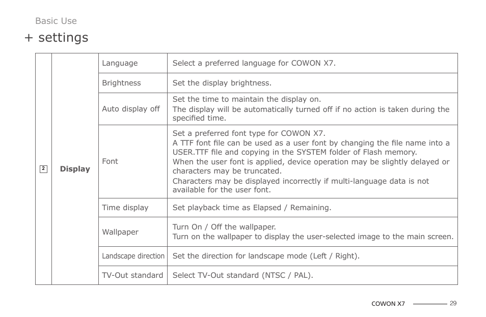 Settings | COWON X7 User Manual | Page 29 / 44