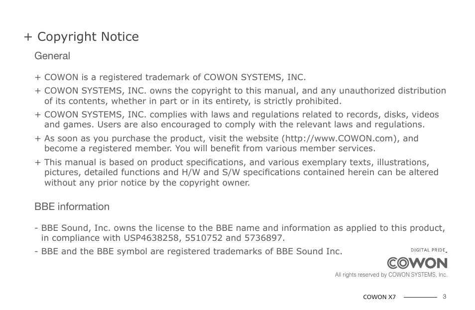 Copyright notice | COWON X7 User Manual | Page 3 / 44