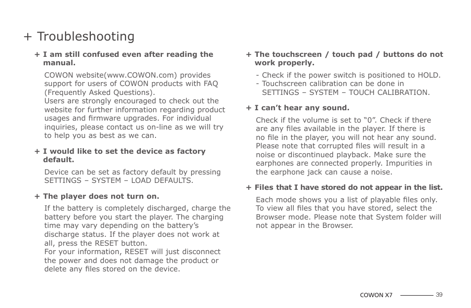 Troubleshooting | COWON X7 User Manual | Page 39 / 44