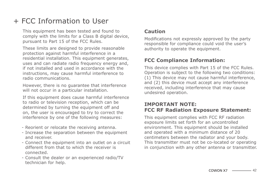 Fcc information to user | COWON X7 User Manual | Page 42 / 44