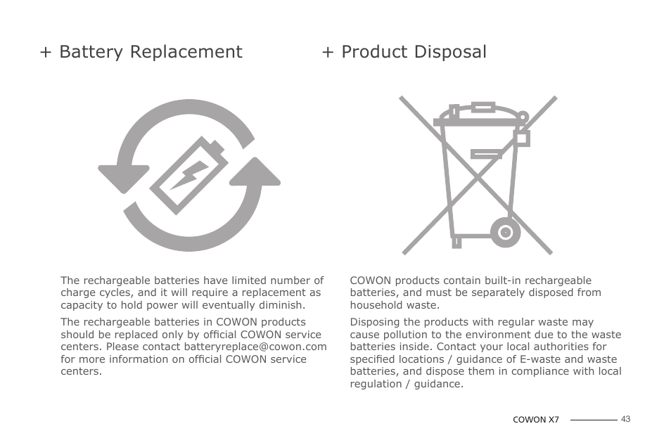 Battery replacement + product disposal | COWON X7 User Manual | Page 43 / 44