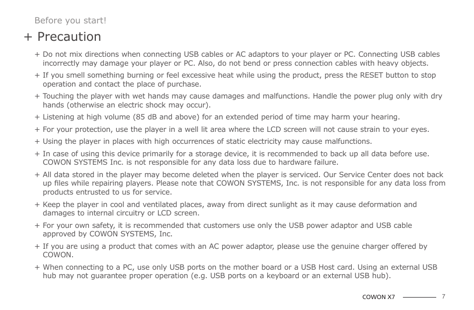 Precaution | COWON X7 User Manual | Page 7 / 44