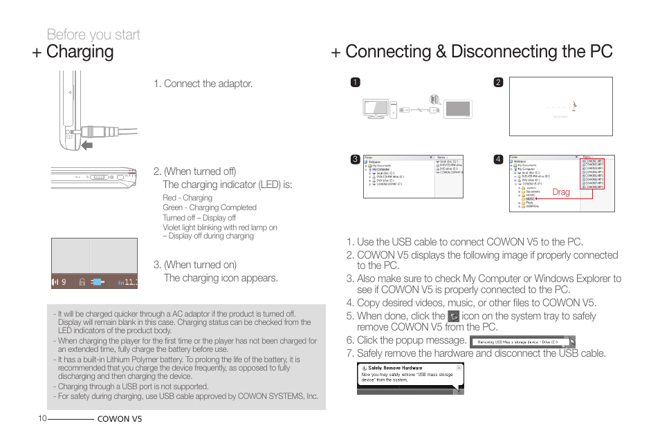 Connecting & disconnecting the pc, Charging, Before you start | COWON V5 User Manual | Page 10 / 50
