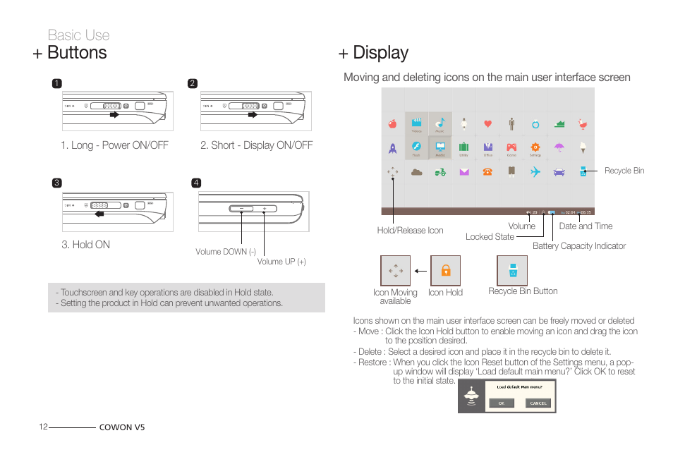 Buttons + display, Basic use | COWON V5 User Manual | Page 12 / 50