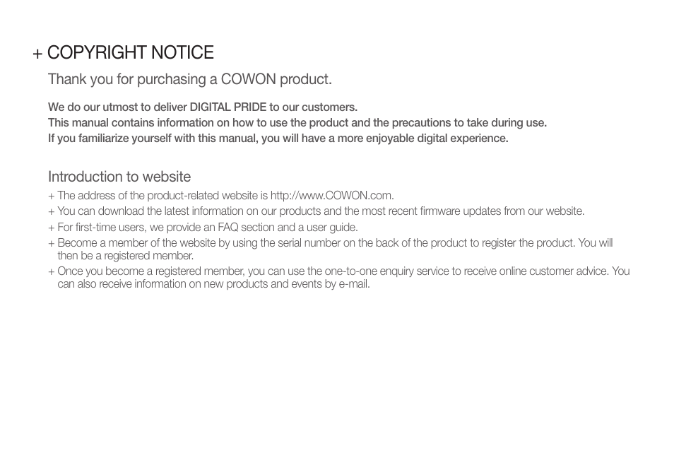 Copyright notice, Introduction to website | COWON V5 User Manual | Page 2 / 50