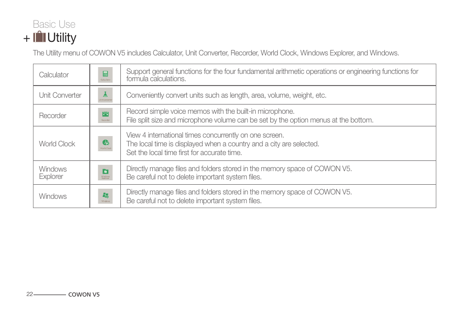 Utility, Basic use | COWON V5 User Manual | Page 22 / 50
