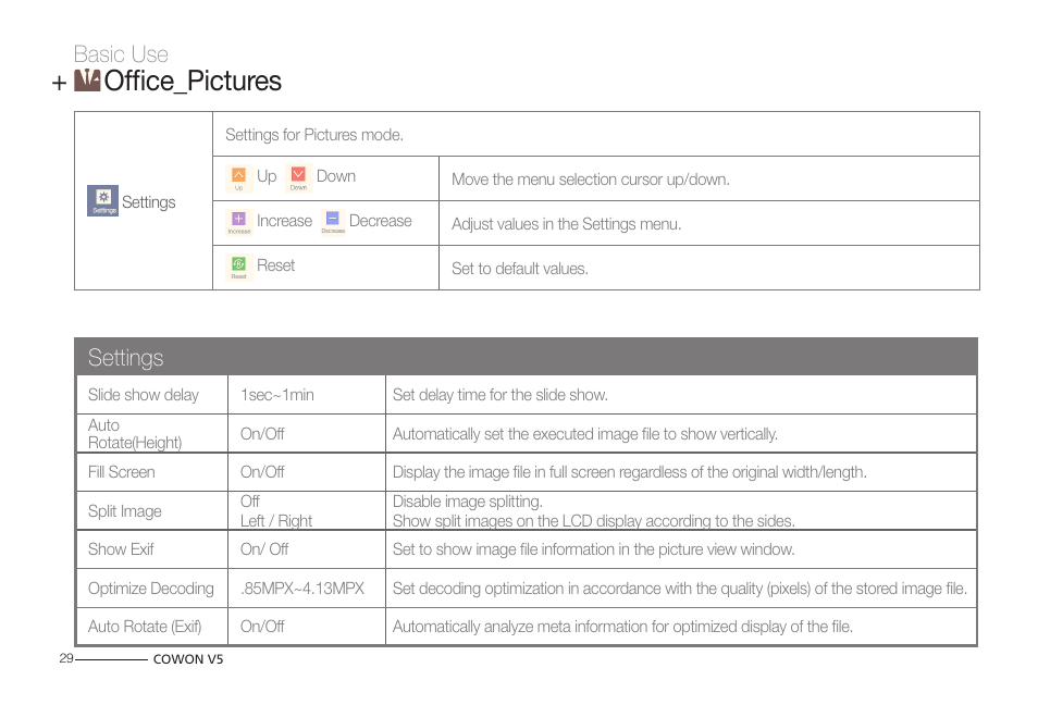 Office_pictures, Basic use, Settings | COWON V5 User Manual | Page 29 / 50