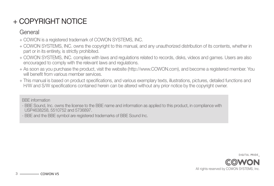 Copyright notice, General | COWON V5 User Manual | Page 3 / 50