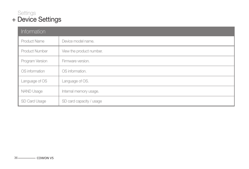 Device settings, Information, Settings | COWON V5 User Manual | Page 36 / 50