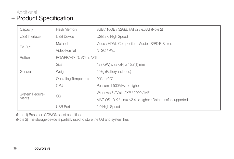 Product specification, Additional | COWON V5 User Manual | Page 39 / 50