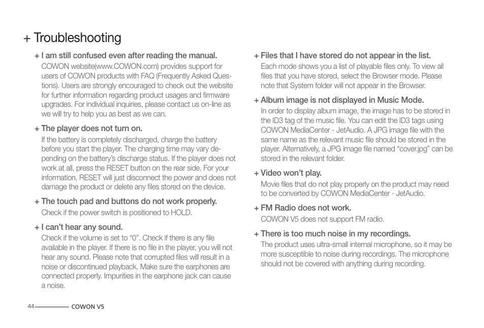Troubleshooting | COWON V5 User Manual | Page 44 / 50