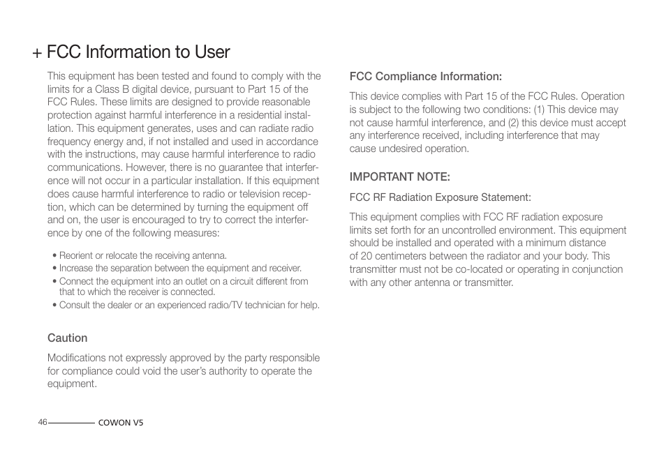 Fcc information to user | COWON V5 User Manual | Page 46 / 50