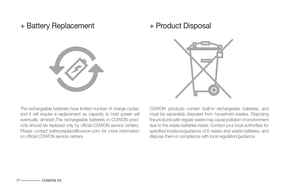 Battery replacement + product disposal | COWON V5 User Manual | Page 47 / 50