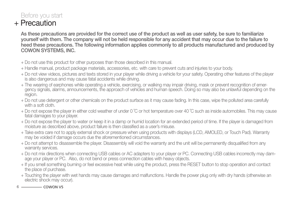 Precaution, Before you start | COWON V5 User Manual | Page 6 / 50