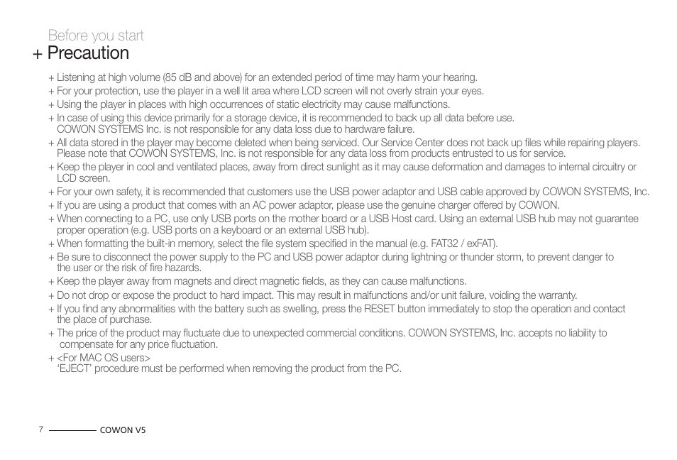 Precaution, Before you start | COWON V5 User Manual | Page 7 / 50