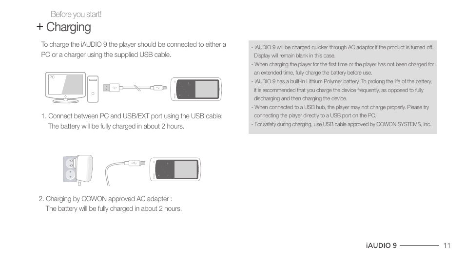 Charging | COWON iAUDIO 9 User Manual | Page 11 / 49