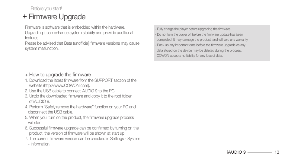 Firmware upgrade | COWON iAUDIO 9 User Manual | Page 13 / 49