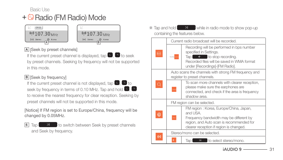 Radio (fm radio) mode | COWON iAUDIO 9 User Manual | Page 31 / 49