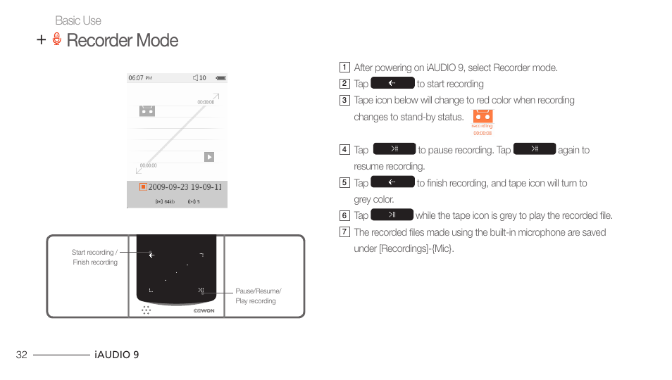 Recorder mode | COWON iAUDIO 9 User Manual | Page 32 / 49