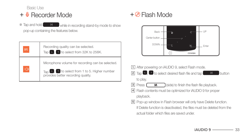 Recorder mode, Flash mode | COWON iAUDIO 9 User Manual | Page 33 / 49