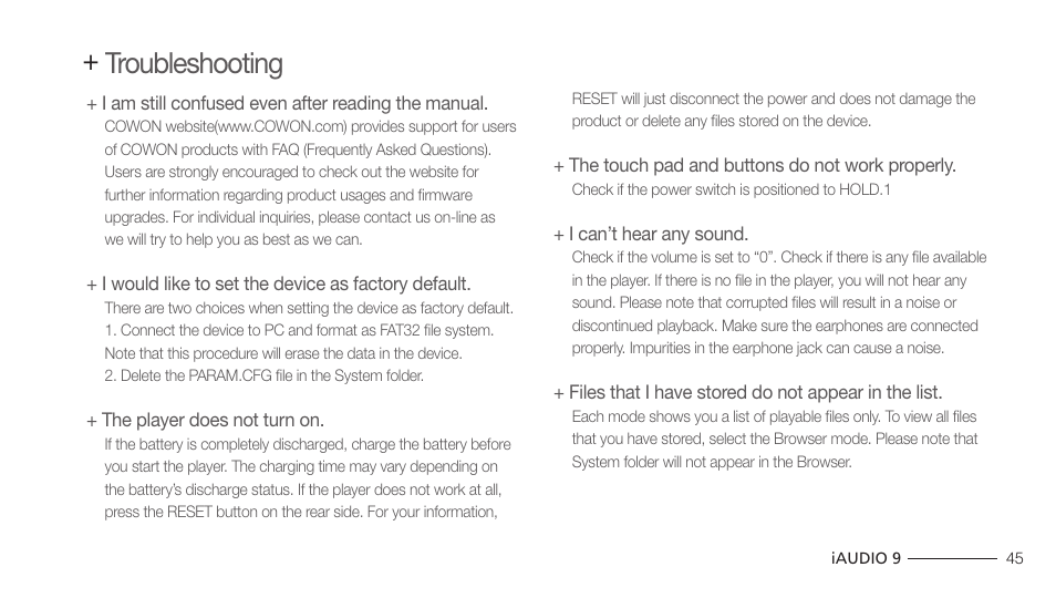 Troubleshooting | COWON iAUDIO 9 User Manual | Page 45 / 49