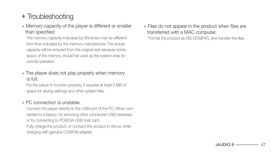 Troubleshooting | COWON iAUDIO 9 User Manual | Page 47 / 49