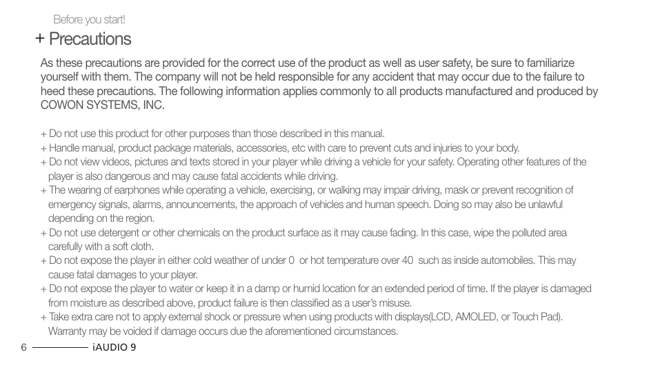 Precautions | COWON iAUDIO 9 User Manual | Page 6 / 49