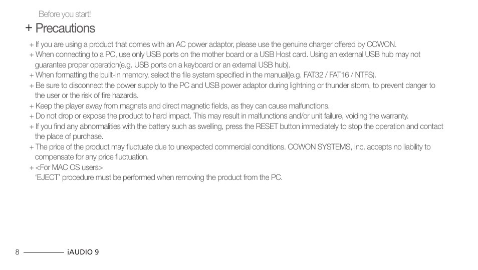 Precautions | COWON iAUDIO 9 User Manual | Page 8 / 49