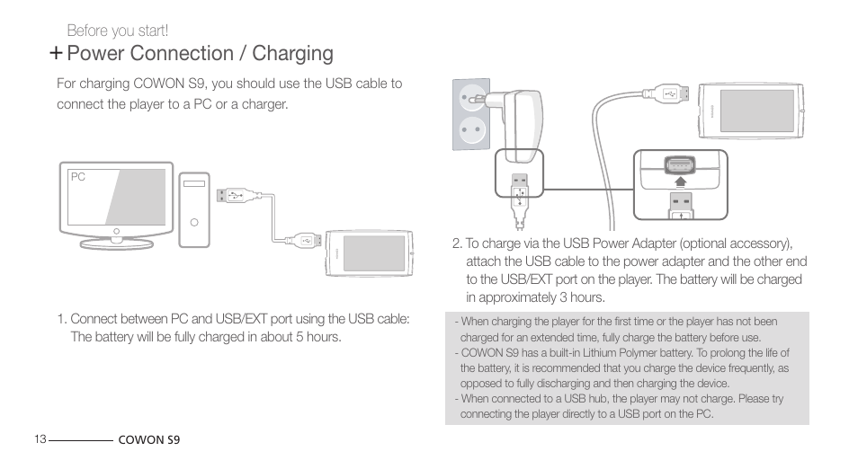 Power connection / charging | COWON S9 User Manual | Page 13 / 45