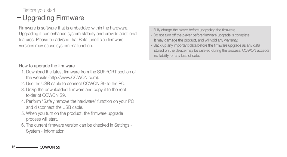 Upgrading firmware | COWON S9 User Manual | Page 15 / 45