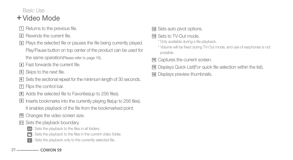 Video mode | COWON S9 User Manual | Page 21 / 45