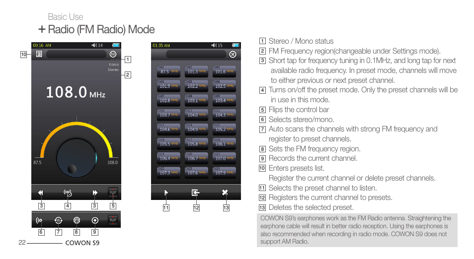 Radio (fm radio) mode | COWON S9 User Manual | Page 22 / 45