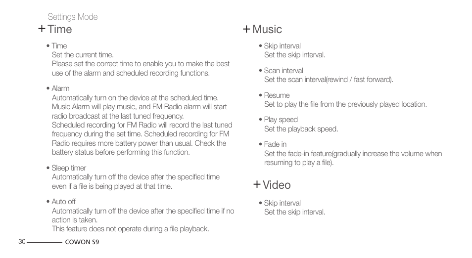 Video, Time, Music | COWON S9 User Manual | Page 30 / 45