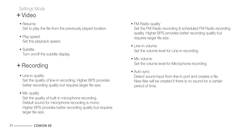 Recording, Video | COWON S9 User Manual | Page 31 / 45