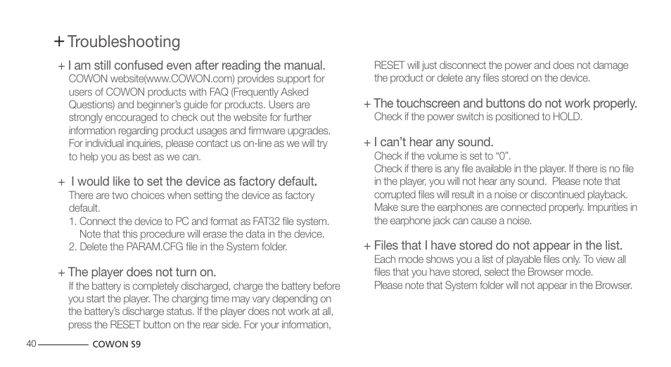 Troubleshooting | COWON S9 User Manual | Page 40 / 45